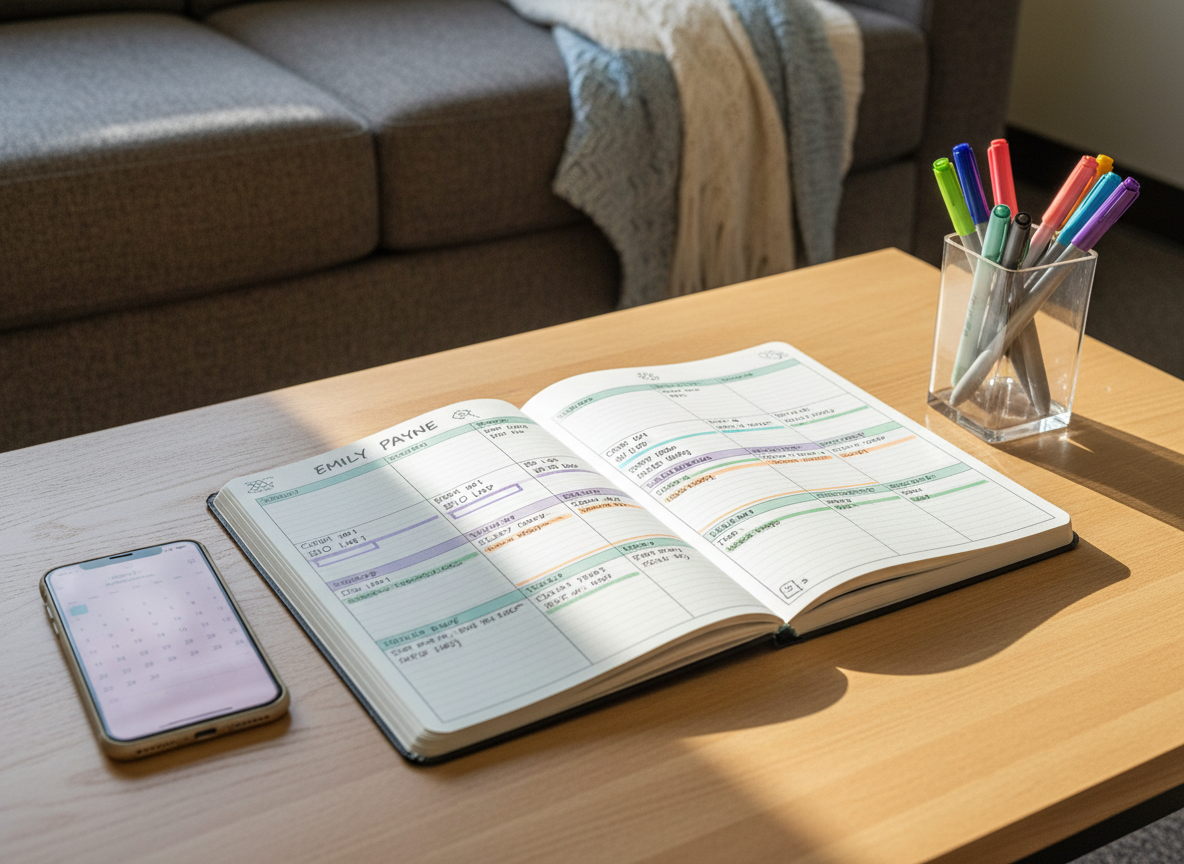 An overhead photographic view of Emily Payne’s color-coordinated weekly planner spread open on a light oak dorm coffee table, each day filled with tidy handwriting-like marks, blocks of different highlighter colors, and tiny icons indicating classes, club meetings, and event deadlines. A smartphone lies nearby with a digital calendar open, screen brightness reflecting softly on the tabletop. Natural morning light from an unseen window washes across the scene, creating bright, clean highlights on a clear acrylic pen cup filled with fine-tip markers, and gentle shadows under the planner’s slightly curled pages. The background shows the blurred edge of a cozy campus lounge sofa and a soft throw blanket. The atmosphere is calm, intentional, and professionally organized, emphasizing structured college life and event planning habits.